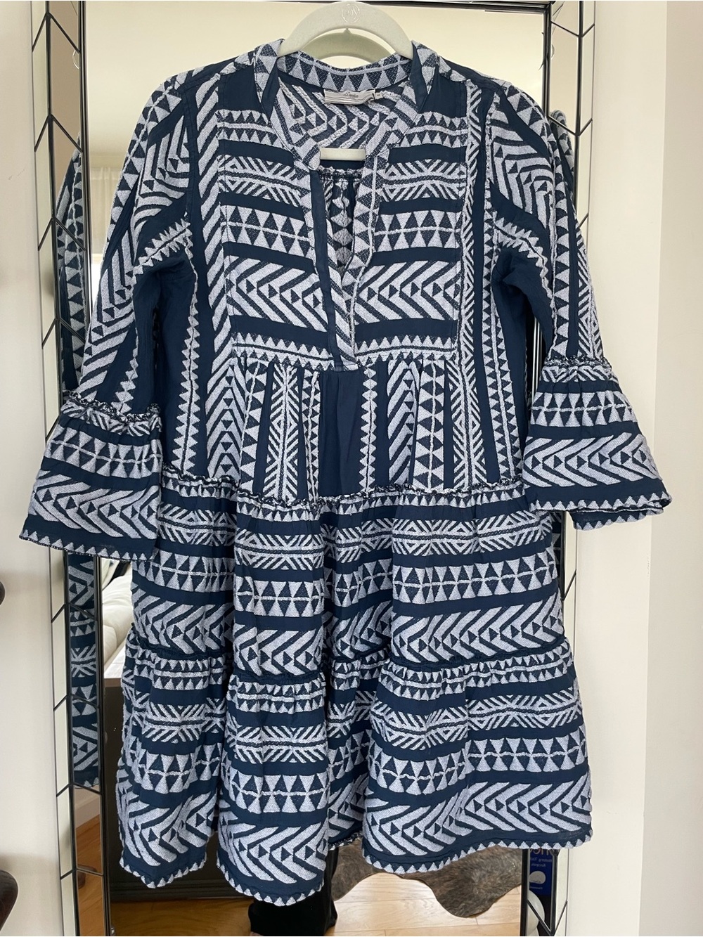 Devotion TWINS Anthropologie Blue Geometric V-Neck Dress Beach Cover Up S